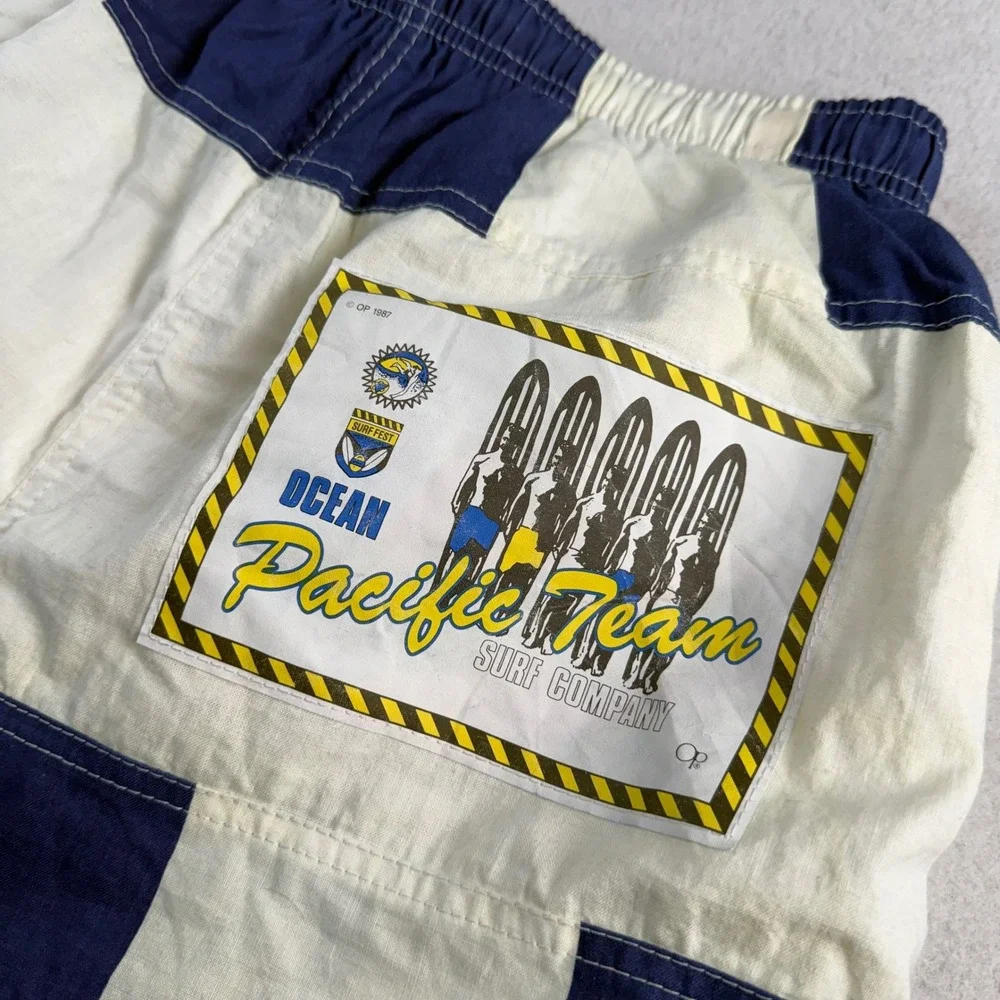 Vintage 1987 Ocean Pacific OP Surf Team Striped Shorts Blue White Mens Medium